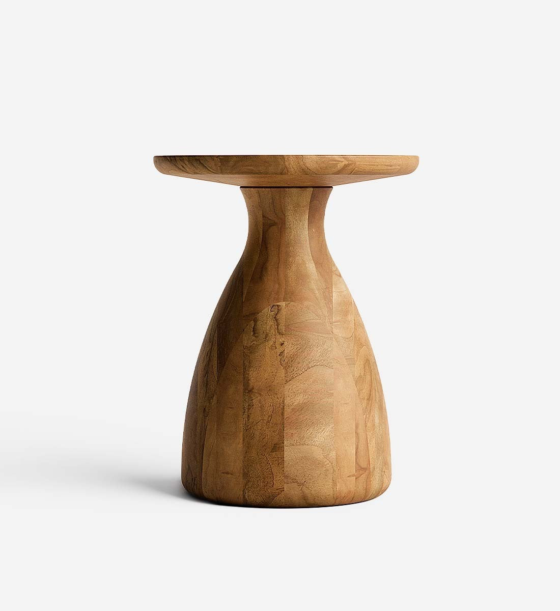 Wooden side table with a unique design on a white background